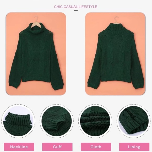 Chunky Turtleneck Sweaters Balloon Long Sleeve Oversized Pullover Sweater - Picture 4 of 6